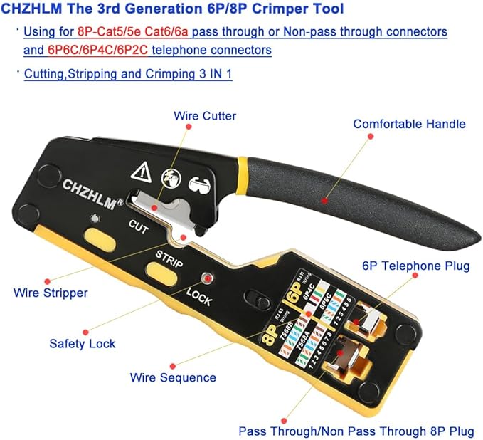 RJ45 Crimping Tool Kit Rj45 Crimper Stripper Cutter All-in-One Pass Through Crimper for 8P RJ45 Cat5 Cat5e Cat6 Cat6a 6P RJ11/12 Telephone Connectors With 50Pcs Connectors 50Pcs Covers Mini Stripper