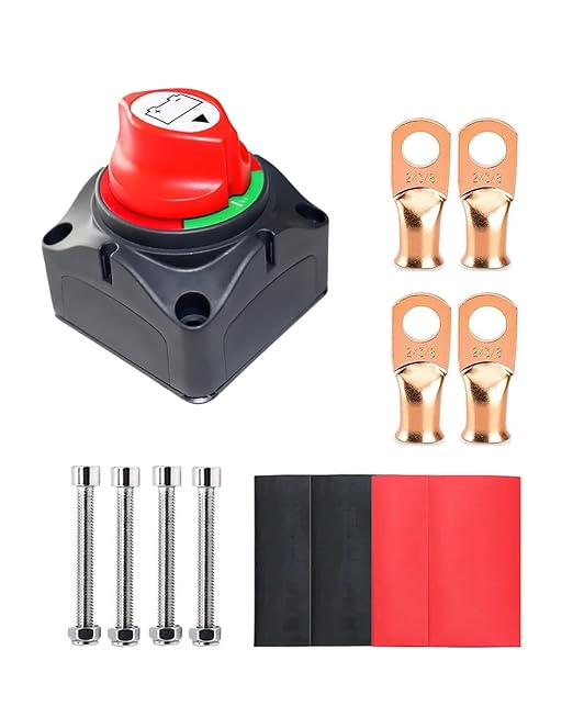 Battery Disconnect Switch Isolator, 12V-48V On-Off Power Cut Master Shut-Off Switch with 2 AWG x 3/8” Ring Terminals & 3:1 Heat Shrink for Marine Camper Trailer RV Boat Automotive