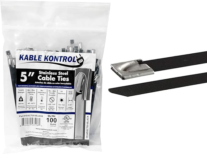 Kable Kontrol Black Metal Zip Ties - 5" Inch Long 100 Pcs, 200 Lbs Tensile Strength, Polyester Coated 304 Stainless Steel Cable Ties UV & Chemical Resistance, for Indoor & Outdoor Use