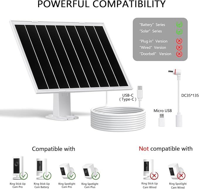 8W Solar Panel for Security Camera, Waterproof Outdoor Solar Charger with USB-C&DC&Micro USB Port for Ring/Wyze Rechargeable Battery Camera, 9.5ft Cable, 360° Adjustable Bracket（2 Pack）
