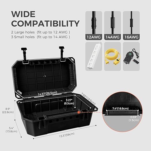 WELKIN Heavy-Duty Outdoor Electrical Box (15.3 * 8.9 * 5.4 inch), IP54 Weatherproof Waterproof Extension Cord Cover, Protect Outlet, Plug, Timer, Power Strip, Holiday Lights (Black)