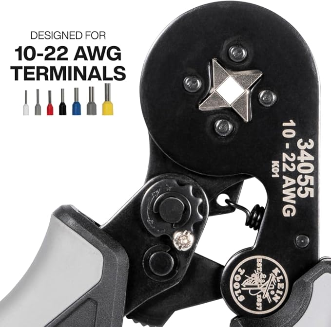Klein Tools 34055 Ferrule Crimping Tool, Square Crimper Pliers for 10 to 22 AWG Wire Terminals, Built-In Adjustable Ratchet, for Electrical Work
