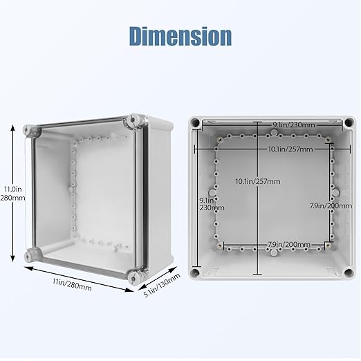 LeMotech Junction Box IP67 Waterproof Dustproof Electrical Box Project Box DIY Enclosure Gray with Transparent Clear Cover, External Size 11x11x5.1in (280x280x130mm)