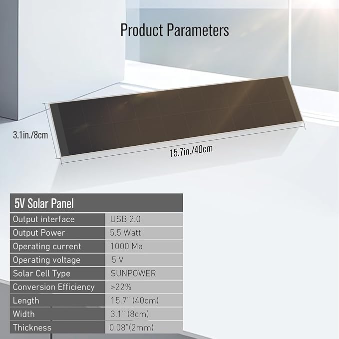 Blinds Motor Solar Charging Panel USB 2.0 Interface, 5V 5W for Motorized Roller Blinds Indoor Use Only - Compatible with Battery Tubular Motors