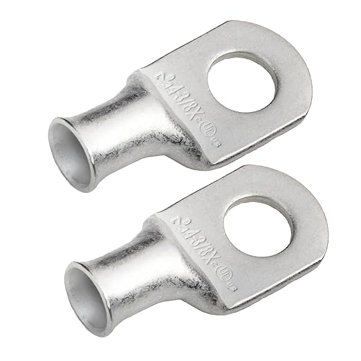 SELTERM 2pcs 4 AWG 3/8" Stud (X - Wide Pad) Tinned Copper Wire Lugs, Battery Lugs, Ring Terminals, Battery Cable Ends, 4 Guage Ring Terminal Connectors, UL Marine Grade Battery Terminal Connectors