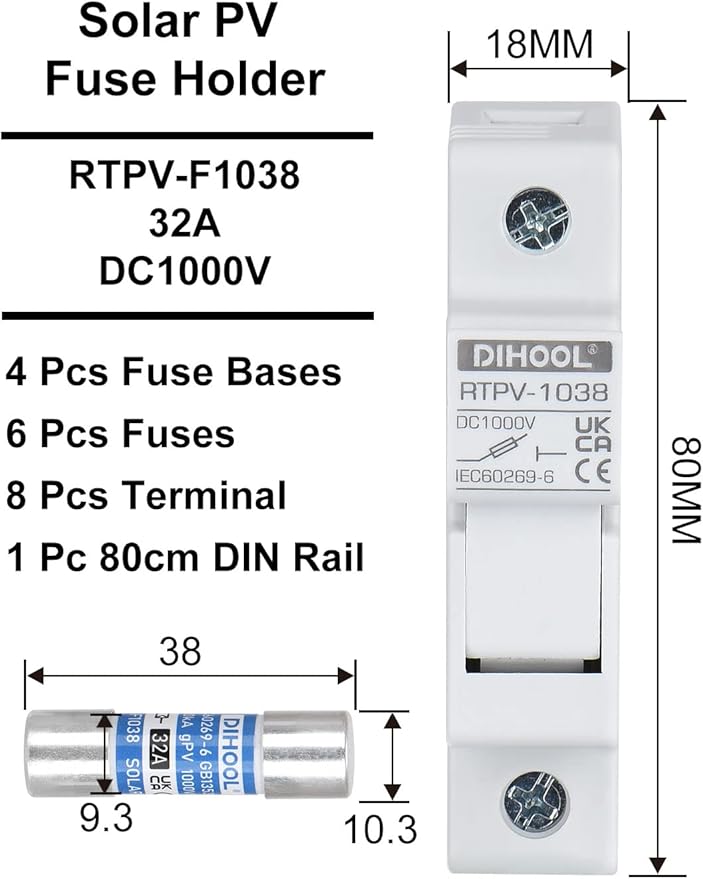 DIHOOL 30 Amp Inline Fuse for Solar Connector, 4pcs Solar fuses Holder, DIN Rail Solar Panel Fuse