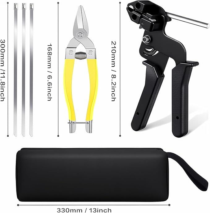 Stainless Steel Cable Tie Gun with Metal Zip Ties, for Fastening and Cutting Metal Cable Ties, 100pcs 11.8inch Stainless Steel Zip Ties heavy duty for Chain Link Fence, Exhaust Pipe Outdoor