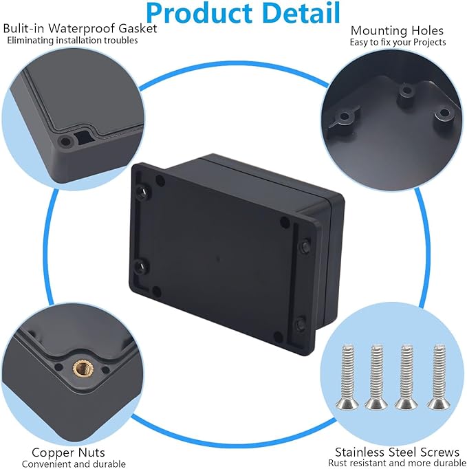 Project Box ABS Black Electrical Boxes IP67 Outdoor Waterproof Junction Box Electronic with Mounting Ears Includes Cable Glands for DIY Project 4.5 x 3.5 x 2.2 inch (115x90x55mm)