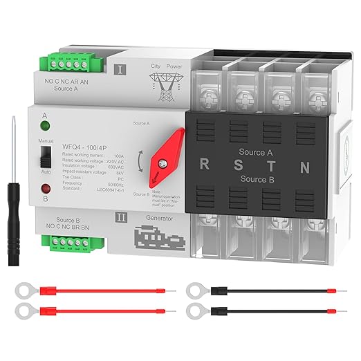 Automatic Transfer Switch 100A AC 220V, Dual Power ATS 4P Automatic/Manual Transfer Switch din Rail mounting for Home Generator, RV，Public/Backup Power Supply
