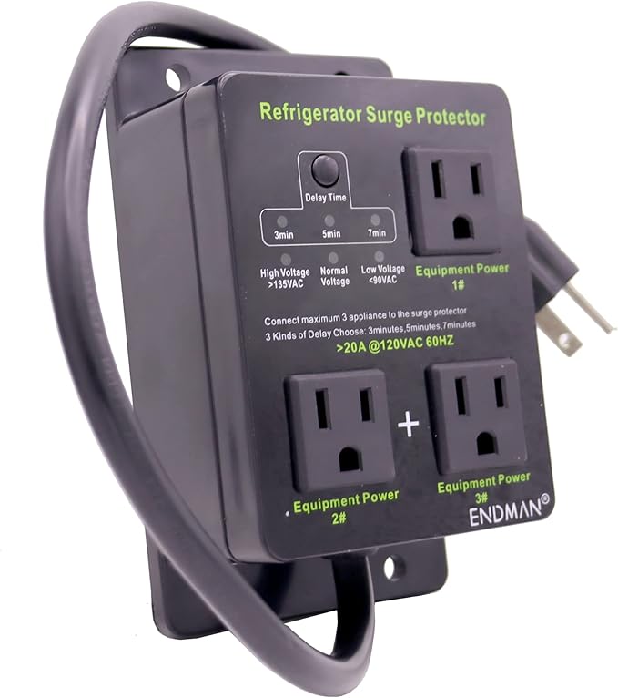 Refrigerator Surge Protector Three Outlet Voltage Protector for Home Appliances with Time Delay, Protects Against Brownout, Spike, Instant Surge All Voltage Abnormalities