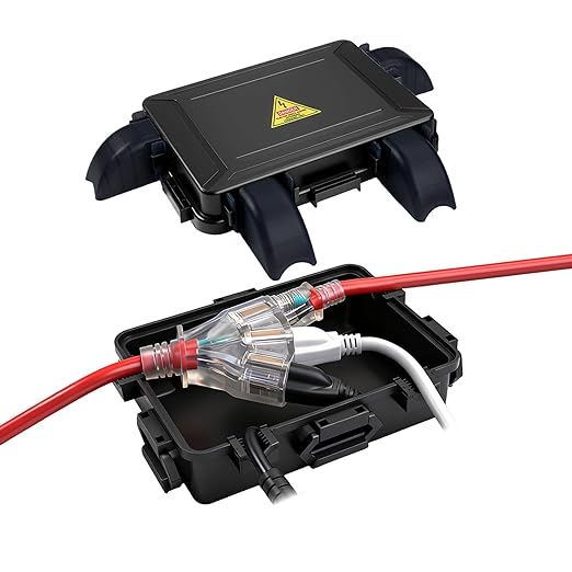 Small Outdoor Electrical Box,Waterproof Extension Cord Cover(Inner 7.3 * 5.1 * 1.6 inch) Weatherproof Connection Box w/4 Cable Entry Protect for Plug,Connector,Festive Light (1 PCS, Black)