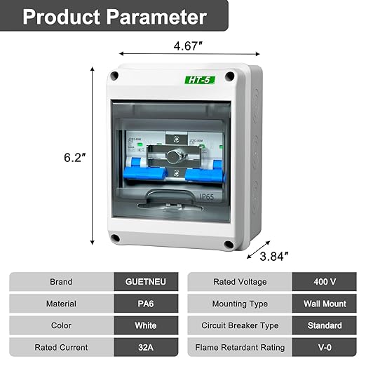32 Amp Dual Power Manual Transfer Switch, with IP65 Protection Box, 2Pcs 2-Pole Circuit Breakers with Single-Side Slide Lock, DIN Rail and Waterproof Joints Included, Ideal for Industrial and Home Use