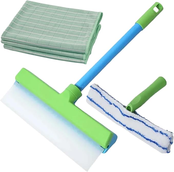 Recyclable Silicone Window Squeegee Kit, Window Cleaning Kit, Glass Cleaning Tools with Silicone Squeegee & Microfiber Scrubber for Shower Glass Mirror Door Car (Green)