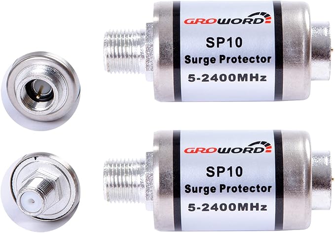 Coaxial Surge Lightning Protector for Coaxial TV Antenna and Satellite in-Line 75 Ohm 5-2500MHz, 2 Pack Hum/Buzz/Noise Eliminator,Low Loss (5-2400MHz)