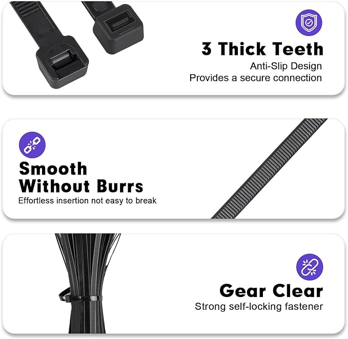 Zip Ties, RAZCC 1200pcs Black Cable Zip Ties 8 Inch, Heavy Duty Plastic Wire Ties with 100lb Tensile Strength, Self-Locking Black Nylon Tie Wraps for Indoor and Outdoor