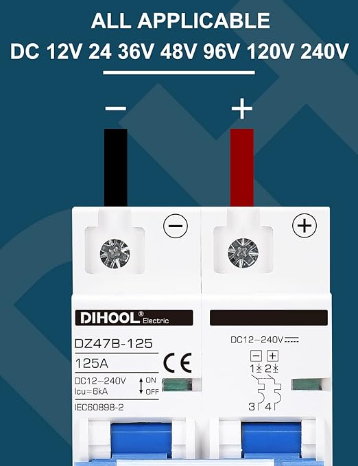 DIHOOL DC Circuit Breaker,125A 2 Pole,12V to 240 Volt Solar Disconnect Switch,DIN Rail Mount