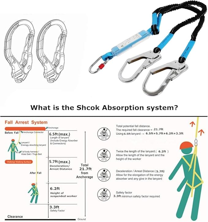 6ft Internal Shock Absorbing Safety Lanyard with Double Snap Hook Connectors, Fall Protection Equipment