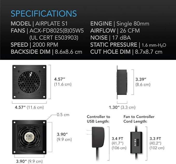 AC Infinity AIRPLATE S1, Quiet Cooling Fan System 4" with Speed Control, for Home Theater AV Cabinets (Pack of 2)