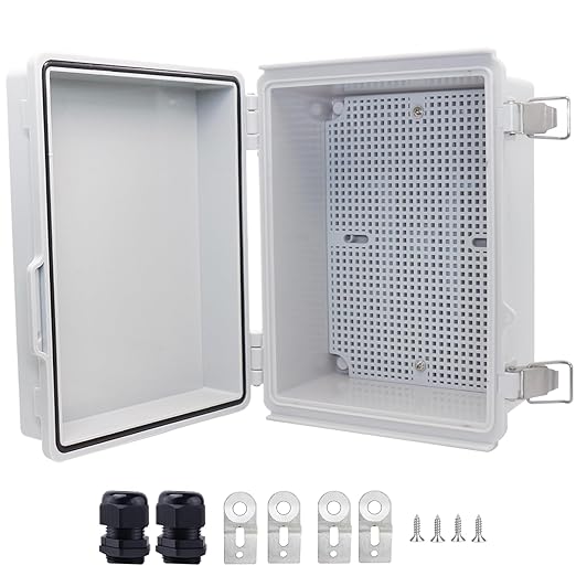 IP67Junction Box, ABS Plastic Outdoor Waterproof Box Electrical Enclosure with Stainless Steel Latch, Hinged Cover Electric Box with Mounting Plate 8.3"x6.3"x3.9"