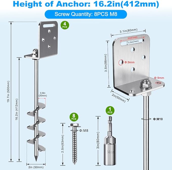 18'' Ground Anchors Screw in Earth Anchor 10mm Solid Steel with L Bracket for Trampoline Shed Carport, 2" Helix Blade & Chrome Plated Finish