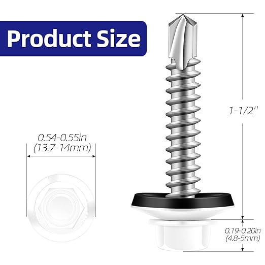 #10 x 1-1/2" Zinc Plated Steel Self Drilling Roofing Screws, Hex Head Self Tapping Screws with EPDM Washer, White Head, 100 PCS