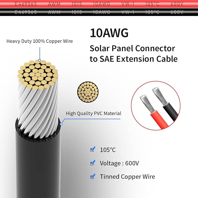 10AWG 2FT Solar Connector to SAE Adapter 2 3.3 10 20 35 50 FT SAE Solar Panel Extension Cable with SAE Polarity Reverse Adapter for Solar Panels Car Battery Charger Kit