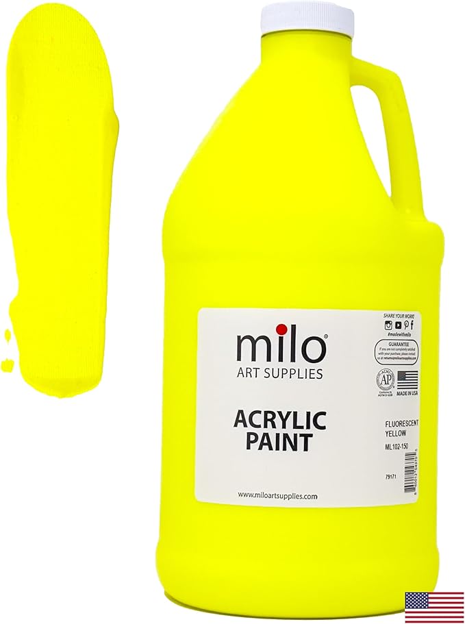 milo Fluorescent Yellow Neon Acrylic Paint | 64 oz Bottle Half Gallon | Glows UV in Black Light | Non-Toxic Made in USA | Bulk Art Paint for Party, Student, Classroom, Artist
