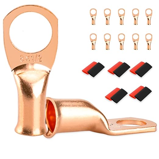 10 PCS Battery Terminal Connectors, Battery Cable Ends Lugs, 8 Gauge Wire Connectors, 8 AWG 1/2" Stud Ring Terminals, Copper Wire Lugs with Heat Shrink Tubing.