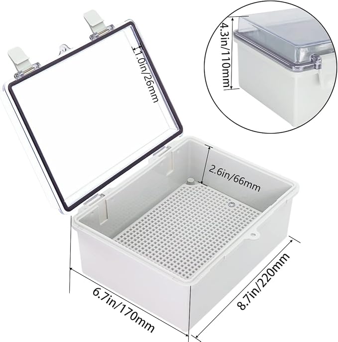 Junction Box, Hinged Clear Cover IP67 Waterproof ABS Project Box with 2 NPT 1/2" Cable Gland, Electrical Box Enclosure with Mounting Plate & Wall Bracket 8.7 x 6.7 x 4.3inch(220x170x110mm)