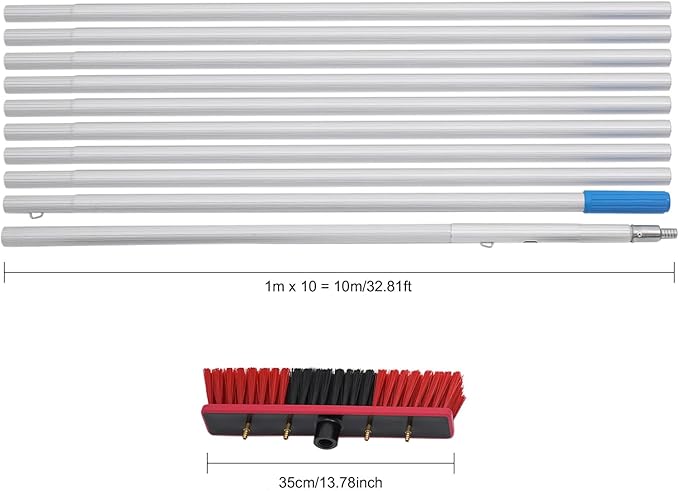 Solar Panel Cleaning Brush & Squeegee Kit, 32.81ft Long Reach Extendable Water Fed Pole Kit, Water Fed Window Cleaner Tool with 14" Brush, for Window Outdoor Roof Cleaner Kit (32.81FT Long)