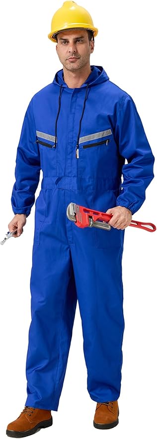 Mens Work Coveralls Mechanic Hooded Overall Workwear Jumpsuits Long Sleeve Hi Viz Coverall with Zippers