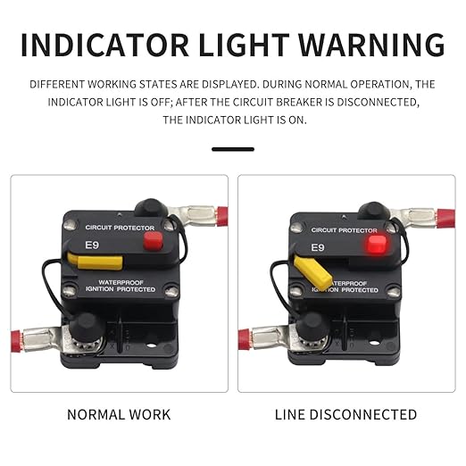 E9 3/8" Studs 250 Amp Circuit Breaker 12V - 48V DC with Manual Reset Switch Button with LED Indication 250A
