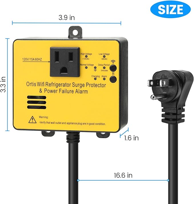 Wi-Fi Smart Power Failure Alarm with Surge Protector, Remotely Monitor and Control Your Refrigerator Via App, Ensuring The Safety of Refrigerator and Food Stored Inside, Yellow