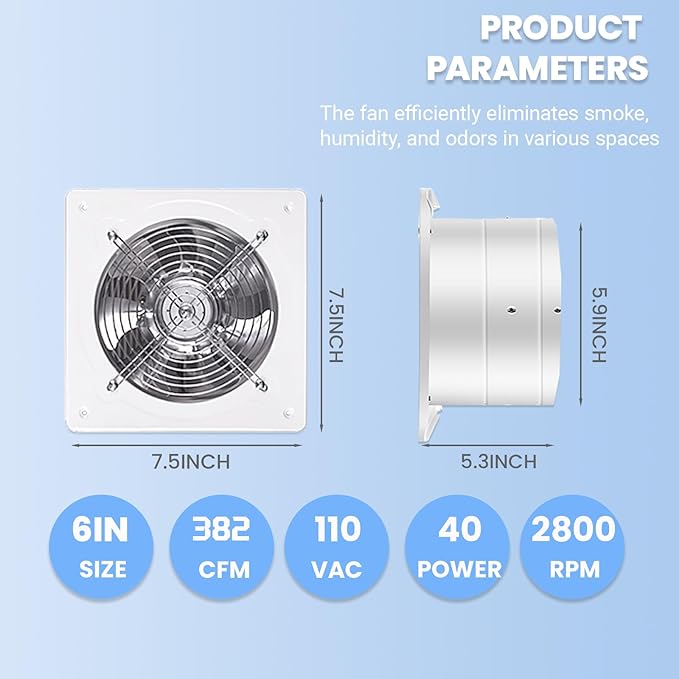 6 inch Exhaust Fan, 382CFM Wall Mounted Vent Fans, Ventilation Blower for Ceiling Bathroom Attic Window Basement Ventilation Fan, 110V 40W