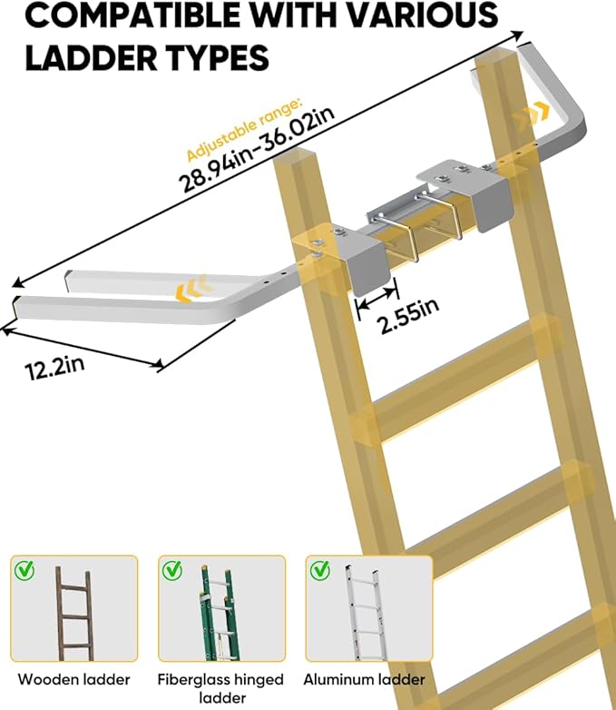 Ladder Stabilizer, Adjustable Heavy Duty Ladder Standoff with Pins & Sheet for Wing Span/Wall Extended Accessory, Ladders Roof Stabilizer with Non-Slip Rubber Pads for Roof Gutter Guard, White