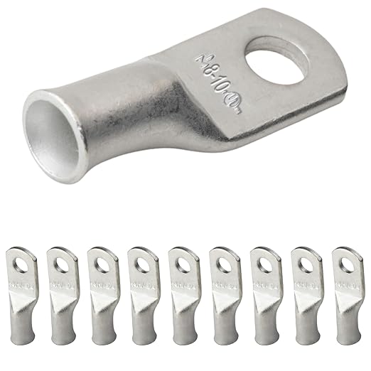 SELTERM 10pcs 8 AWG-#10 Stud Tinned Copper Wire Lugs, Heavy Duty Battery Cable Ends,8 Gauge Ring Terminals, UL Battery Lugs Marine Grade Copper Eyelets Electrical Battery Terminal Connectors