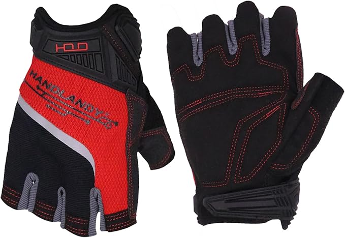 'HANDLANDY Fingerless Work Gloves for Men and Women Utility Padded Half Finger Driving Working Gloves (Small, Red)