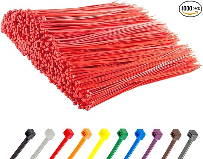 GTSE 8 Inch Red Zip Ties, 1,000 Bulk Pack, 18lb Strength, UV Resistant Small Nylon Cable Ties, Self-Locking 8" Tie Wraps