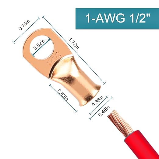 8 PCS Battery Terminal Connectors, Battery Cable Ends Lugs, 1 Gauge Wire Connectors, 1 AWG 1/2" Stud Ring Terminals, Copper Wire Lugs with Heat Shrink Tubing.