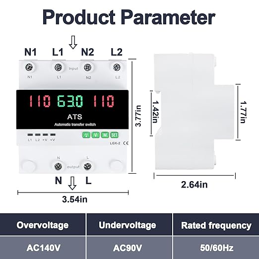 100A 120V Automatic/Manual Generator Transfer Switch, DIN Rail Mount 110V for Generator Backup Power & Gas Furnace, 50/60Hz, LED Display, CE Certified