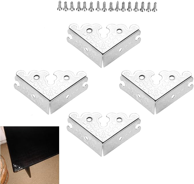 dophee 4Pcs Decorative Corner Protectors, Retro Style Edge Safety Guards Covers for Picture Frame Album Jewelry Box Gift Box Wooden Case Chest Tables Cabinet Furniture, 1.34"x1.34"-Silver