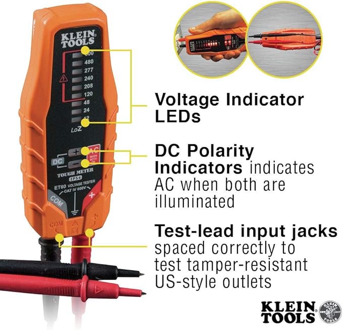 Klein Tools ET60 Voltage Tester, Tests AC / DC and Low Voltage, No Batteries Needed