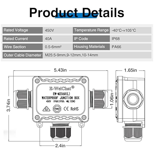 Junction Box Outdoor Waterproof Electrical Box,3-Way,IP68 Black Outdoor M25 coaxial Connector,for Cable Ø0.2-0.55in UL Listed(2Pack)