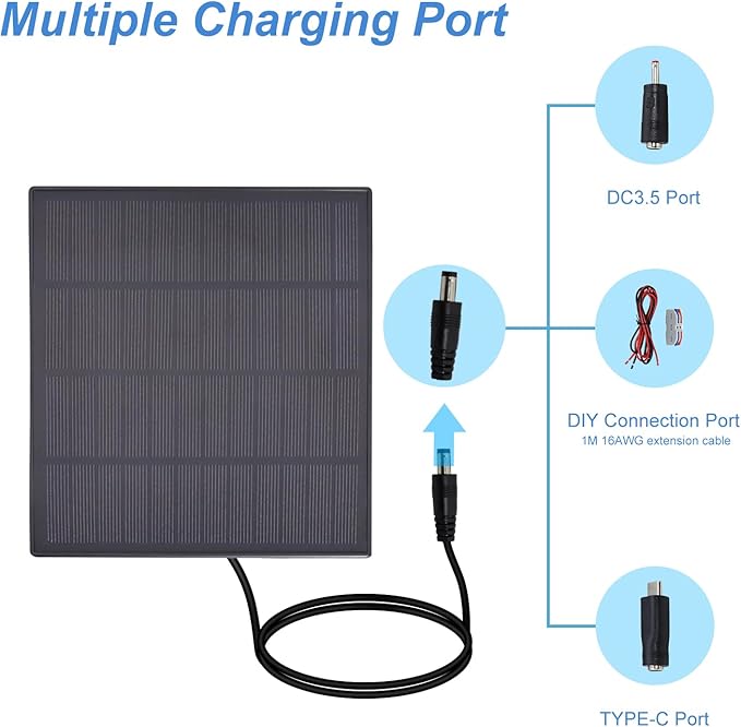 KBT 12V 3W Waterproof Solar Panel with Type-C Port & DC3.5mm Port & Adjustable Bracket, Portable Solar Charger for Rechargeable Battery, Hunting Camera Outdoor, Deer Game Feeder, Electric gate, Lamp