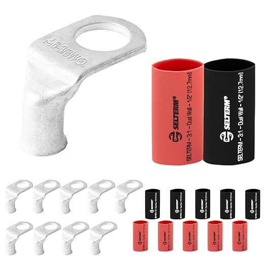 SELTERM 10pcs - 6 AWG 3/8" (Wide Pad) Stud- 90° Bent Battery Lugs- Ring Terminal Connectors with 12pcs 3:1 Black & Red 1/2" Heat Shrink Tubing - Heavy Duty Cable Ends- Tinned Copper Wire Connector Kit