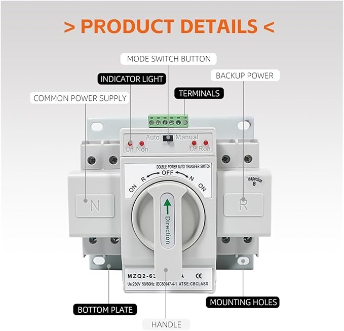 Double Power Automatic Transfer Switch MZQ2N-63 Series Double Power Source 2 Pole 63A Generator Automatic Transfer Switch ATS