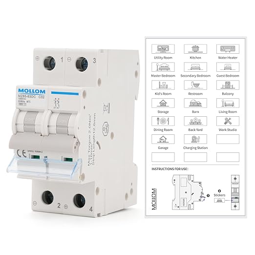 MOLLOM DC 2 Pole Miniature Circuit Breaker, 1000V 32Amps, C32 Scene Visualization Custom MCB Thermal Magnetic Trip, 6KA Breaking Capacity DC Disconnect Switch for Solar PV System