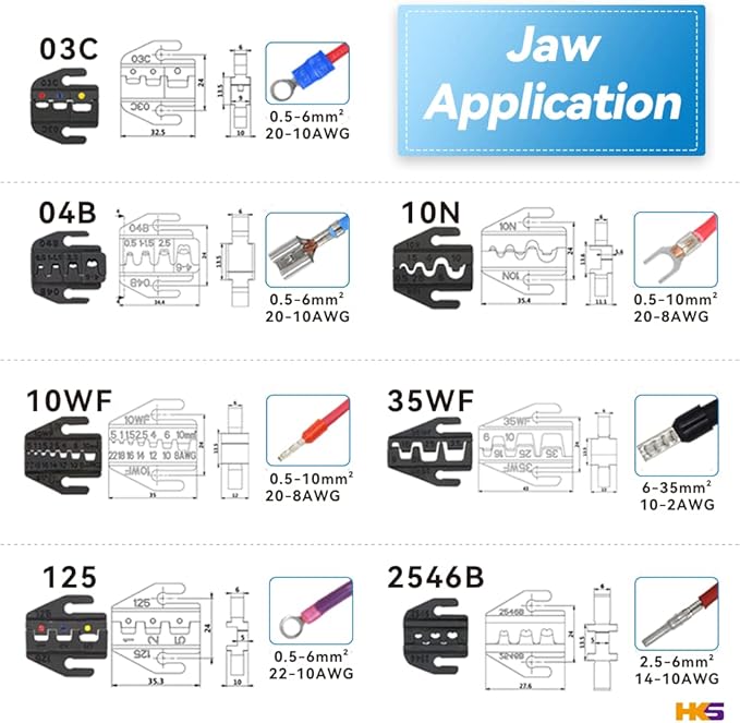 HKS Ratcheting Crimping Tool Set 9 PCS with Automatic Wire Stripper and Quick Exchange Jaw for Heat Shrink Terminals, Open Barrel, Solar Connector, Insulated and Non-Insulated Ferrules AWG 20-2