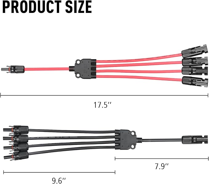 Solar Panel Connectors 1 to 4 Y Branch PV Connector Kit 1 Pair Solar Parallel Adapter 30A IP67 Waterproof Solar Panel Splitter Cable for RVs Roof (M/FFFF, F/MMMM)