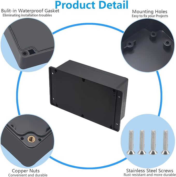 Project Box ABS Black Electrical Boxes IP67 Outdoor Waterproof Junction Box Electronic with Mounting Ears Includes Cable Glands for DIY Project 9.1 x 5.9 x 3.4 inch (230x150x87mm)